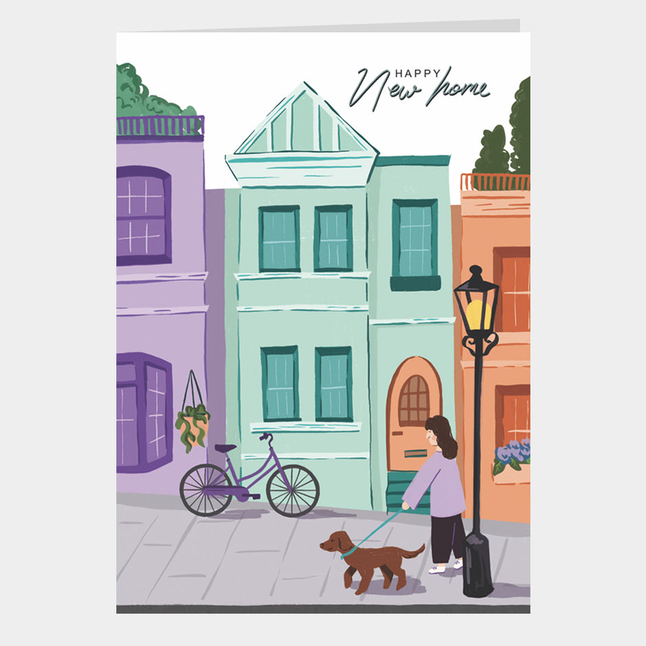 Illustrated Houses on a Hilly Street New Home Card