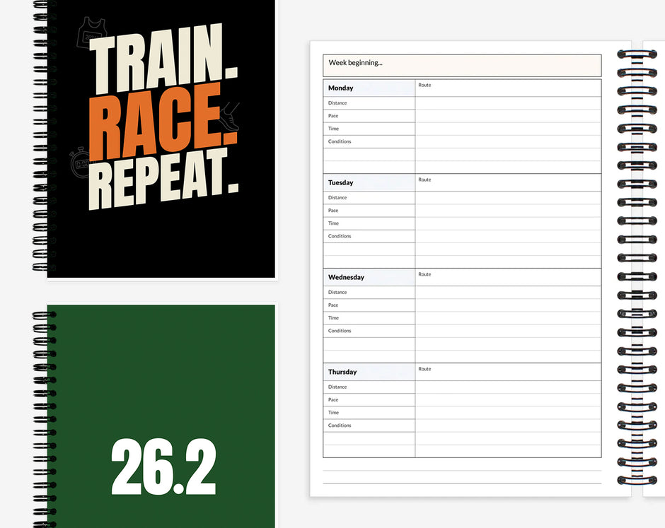 Running log book and tracker for running, marathon and race training.